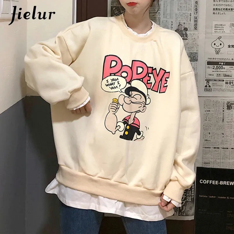 Popeye Cartoon Fake Two Pieces Sweatshirts Female Loose Printed Hoodies Beige Pullovers Kawaii Lovely Women Clothes M-XL