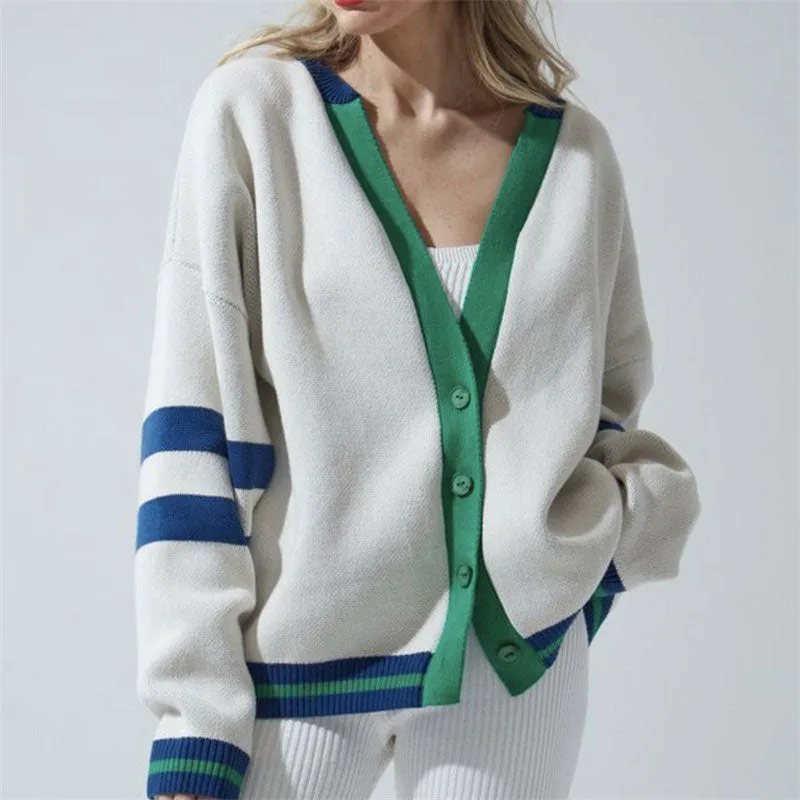 Preppy Off White Oversized V Neck Button Up Contrast Striped Cardigan