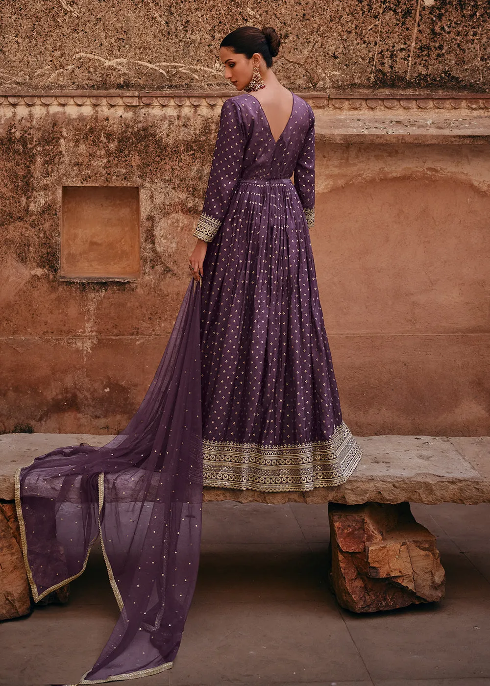 Purple Viscose Jacquard Silk Embroidered Designer Anarkali Suit