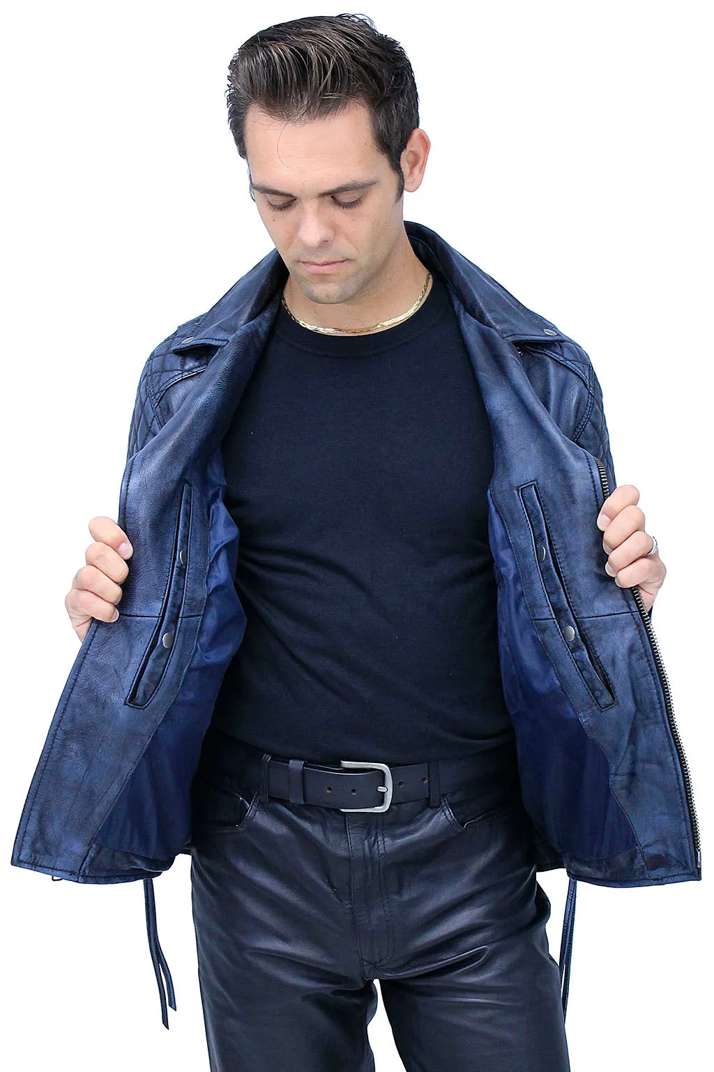 Quilted Blue Distressed Leather MC Jacket CC Pockets #MA2024QGU