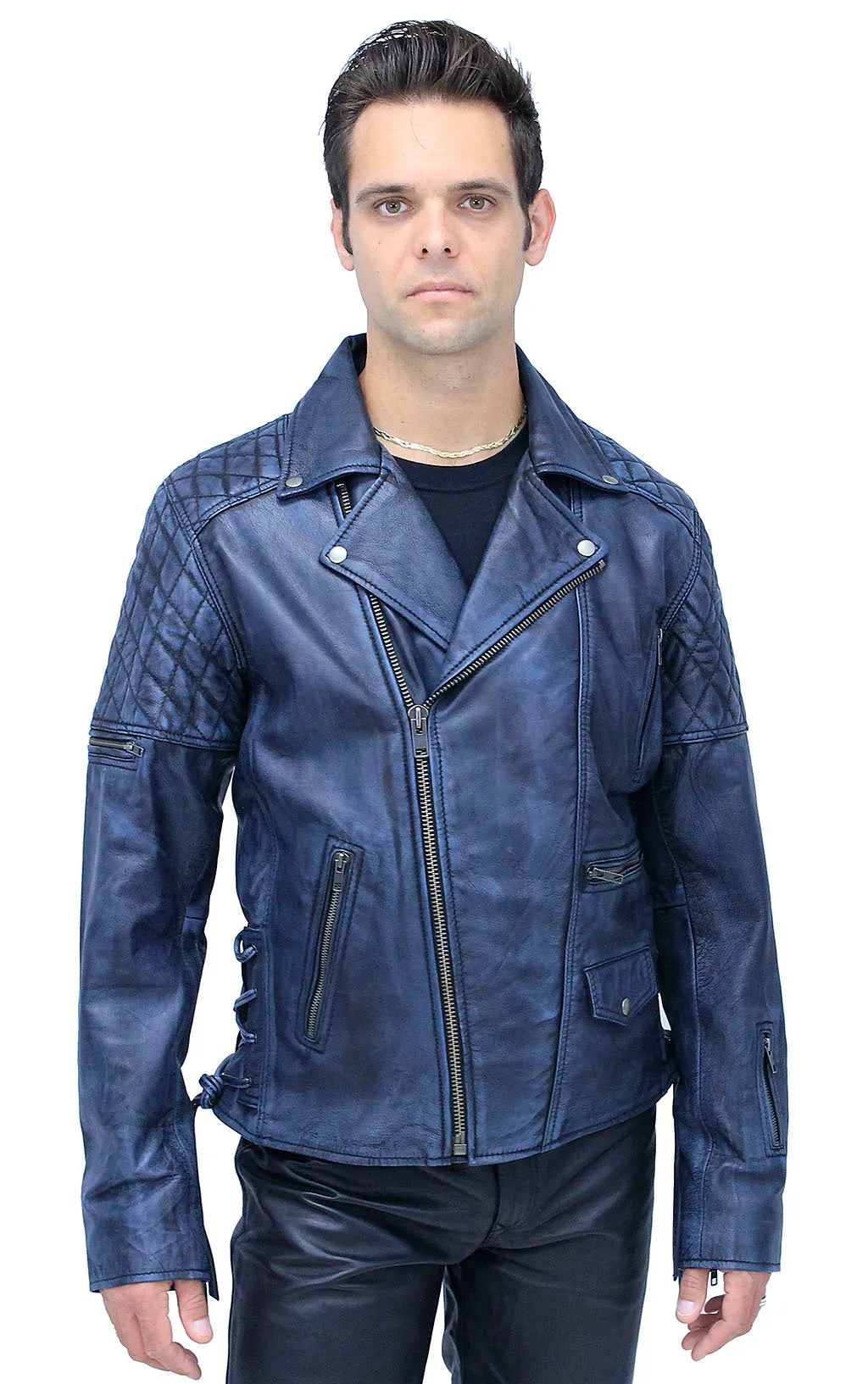 Quilted Blue Distressed Leather MC Jacket CC Pockets #MA2024QGU