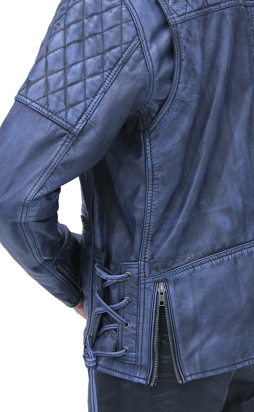 Quilted Blue Distressed Leather MC Jacket CC Pockets #MA2024QGU