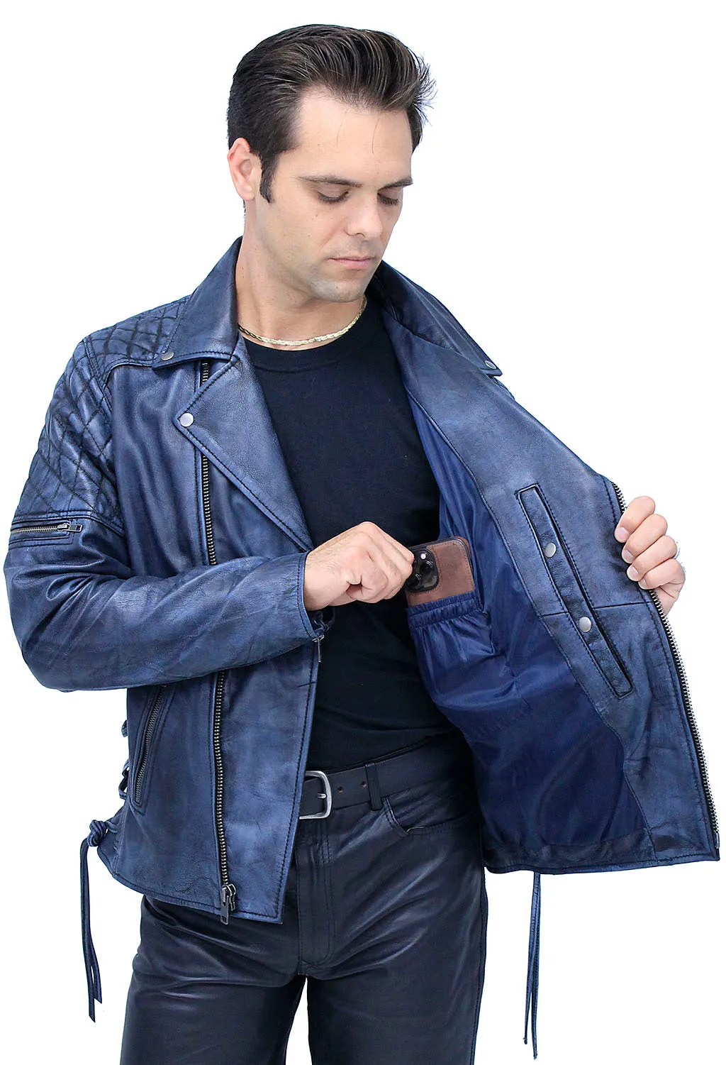 Quilted Blue Distressed Leather MC Jacket CC Pockets #MA2024QGU