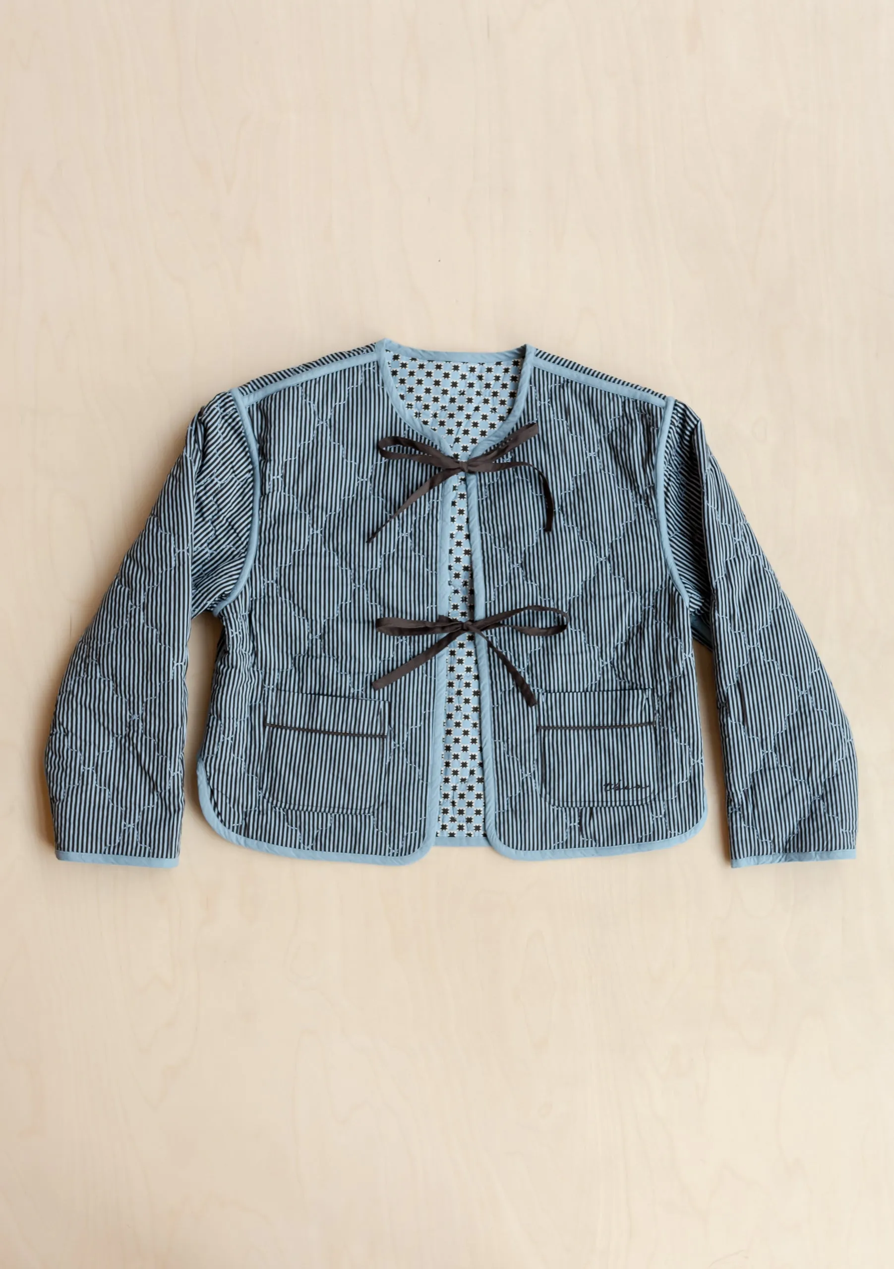 Quilted Cotton Jacket in Reversible Blue Celestial Stripe