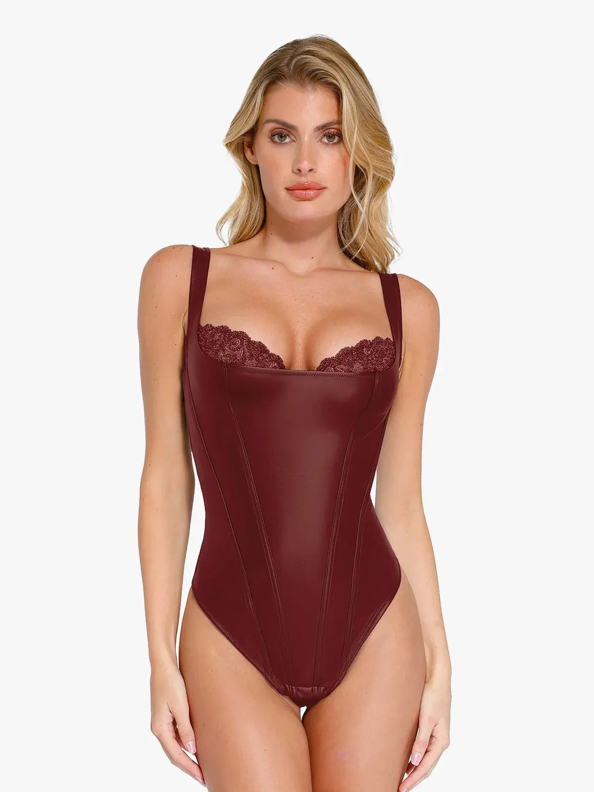 Shapewear Faux Leather Lace Balconette Sculpting Bodysuit