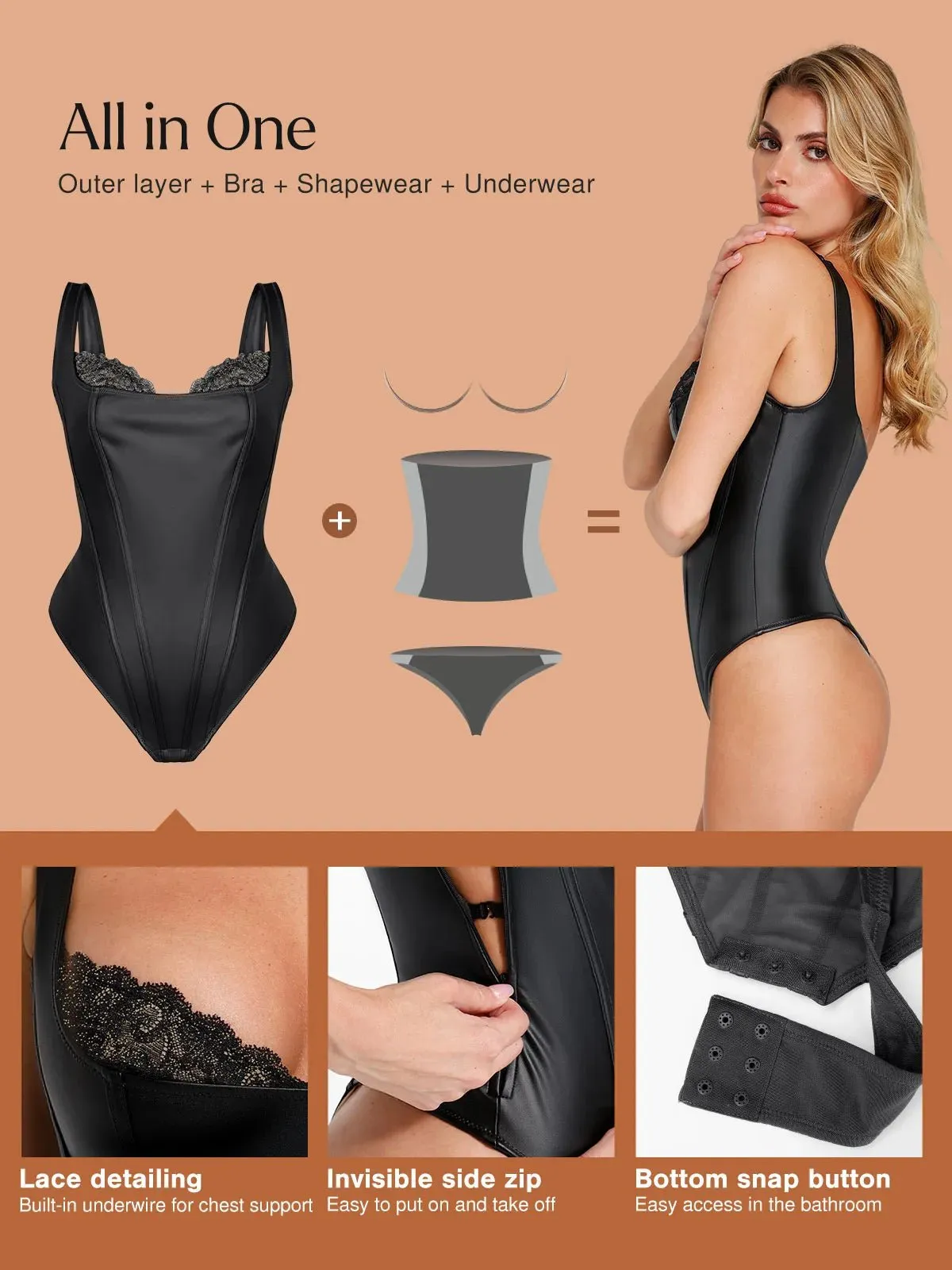 Shapewear Faux Leather Lace Balconette Sculpting Bodysuit