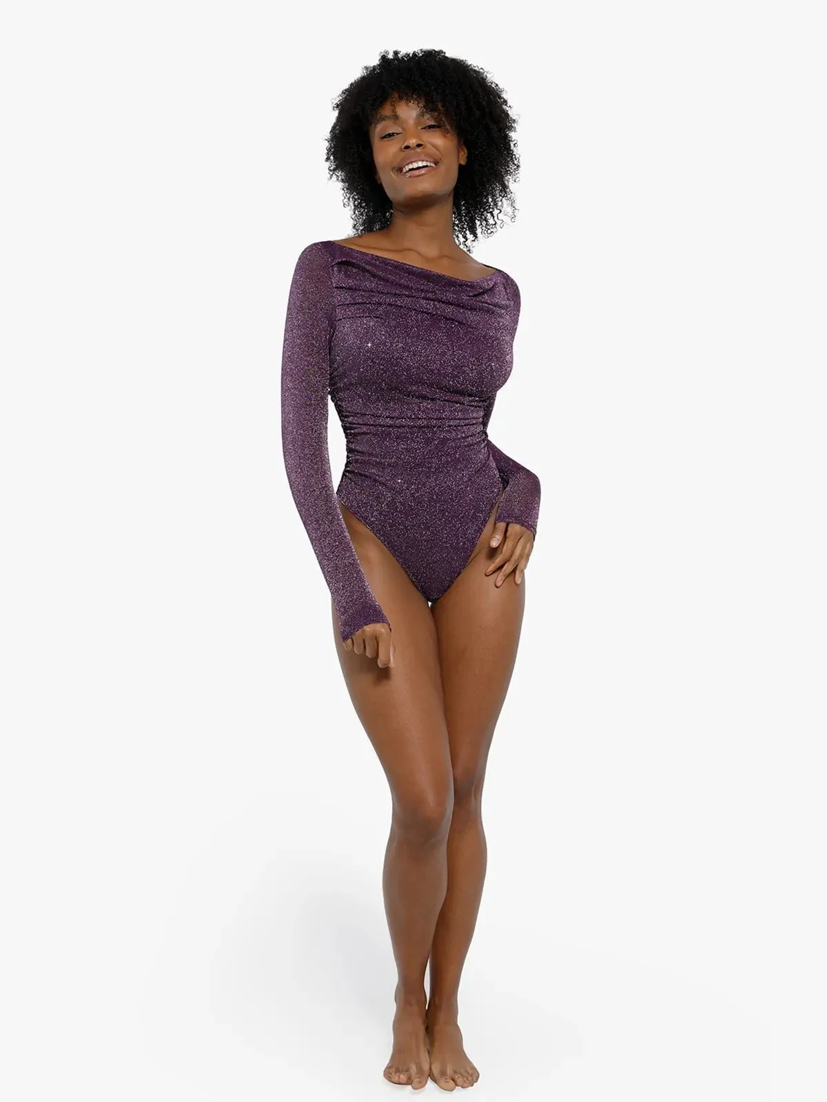 Shapewear Metallic Knit Long Sleeve Slimming Bodysuit