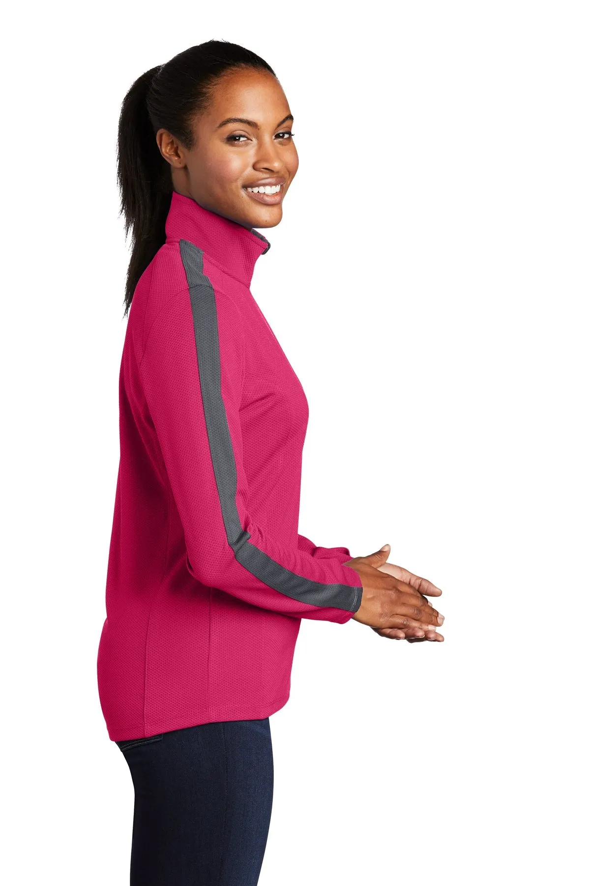 Sport-Tek Ladies Sport-Wick Textured Colorblock Customized 1/4-Zip Pullovers, Pink Raspberry/ Iron Grey