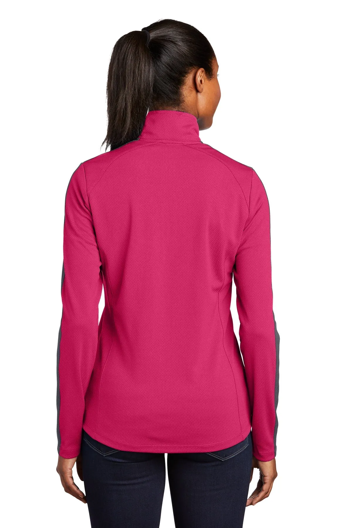 Sport-Tek Ladies Sport-Wick Textured Colorblock Customized 1/4-Zip Pullovers, Pink Raspberry/ Iron Grey