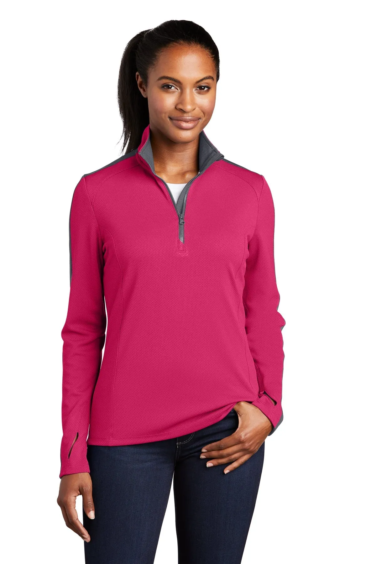 Sport-Tek Ladies Sport-Wick Textured Colorblock Customized 1/4-Zip Pullovers, Pink Raspberry/ Iron Grey