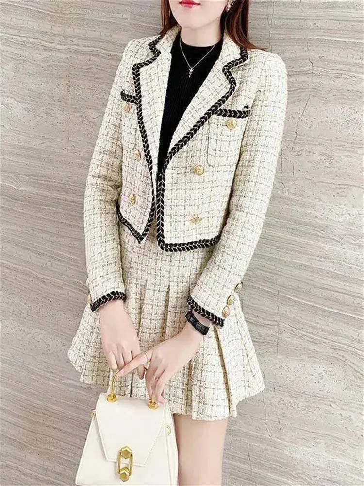 Summer new elegant Korean pop lapel leisure suit jacket skirt pleated skirt suit women squares two-piece casual clothes