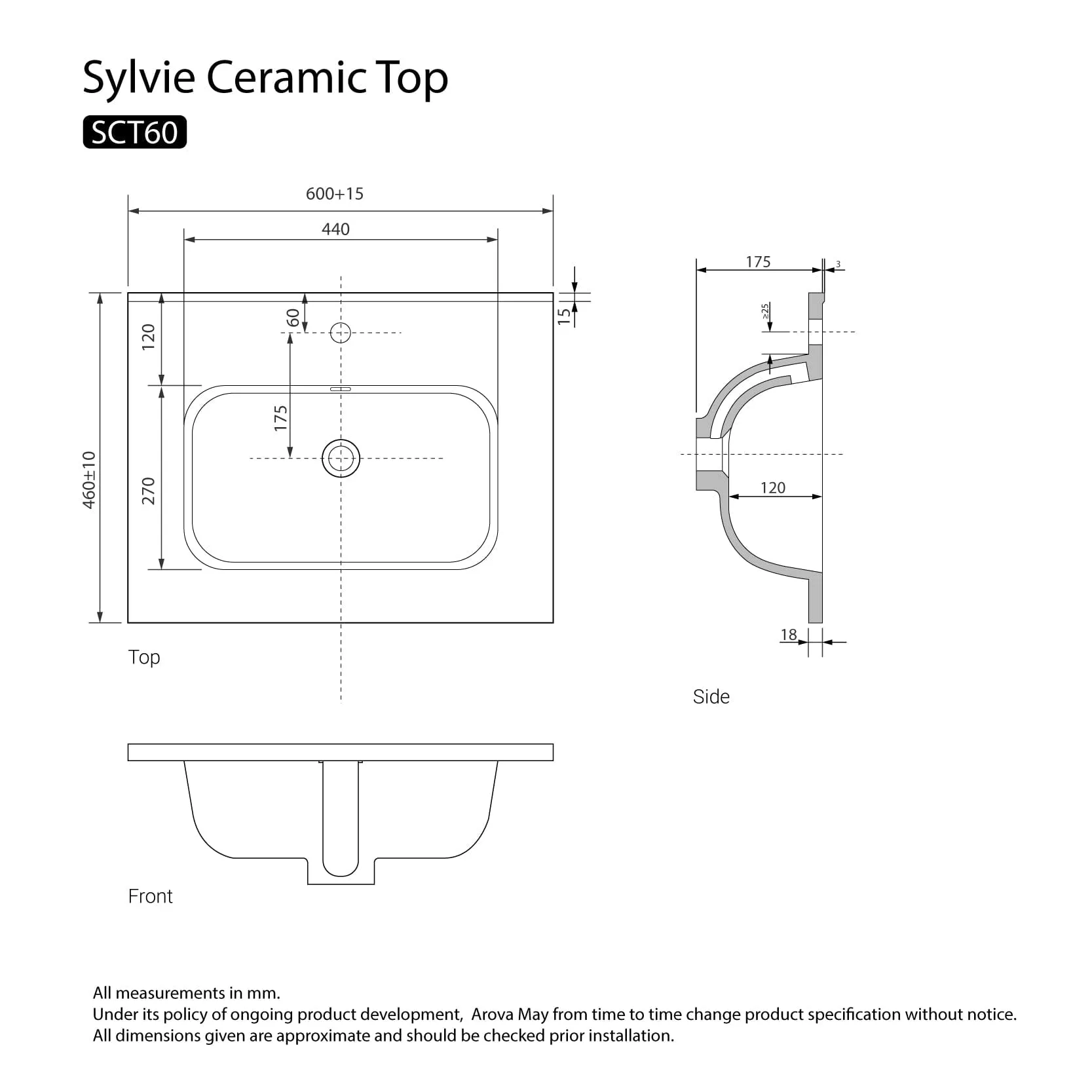 Sylvie 600mm Full Depth Ceramic Vanity Top