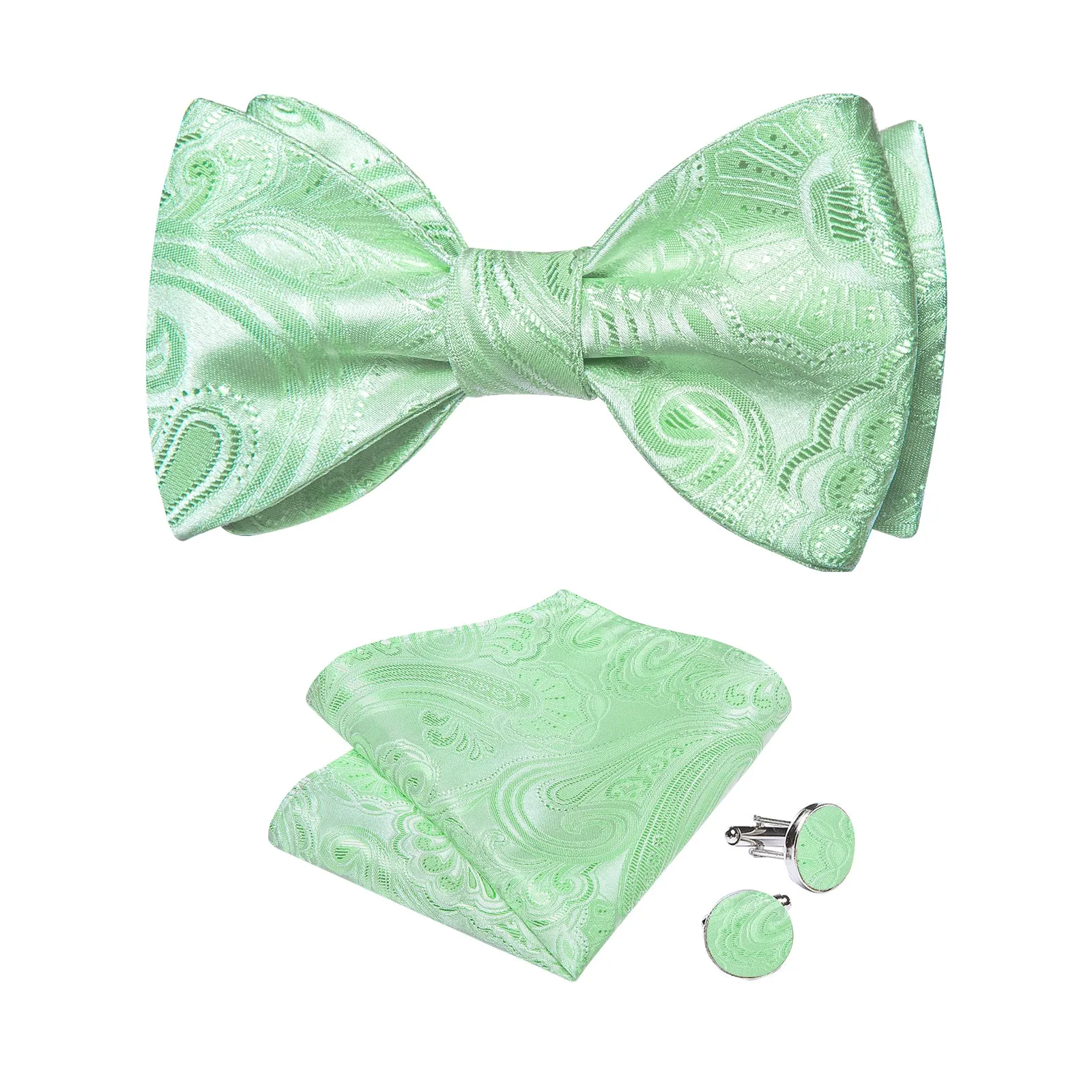 Tender Green Floral Self-Bowtie Pocket Square Cufflinks Set