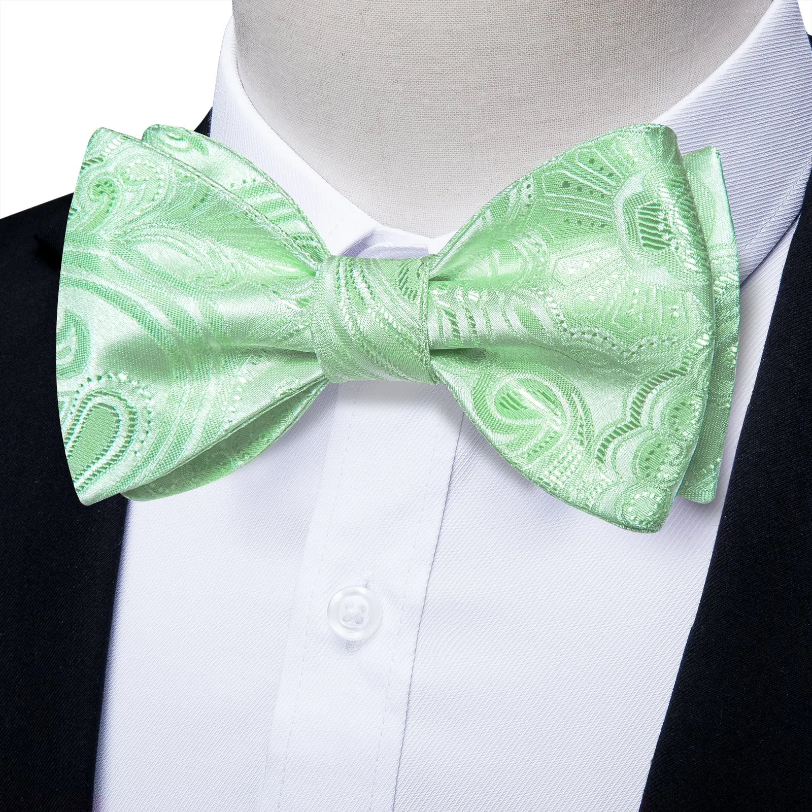 Tender Green Floral Self-Bowtie Pocket Square Cufflinks Set