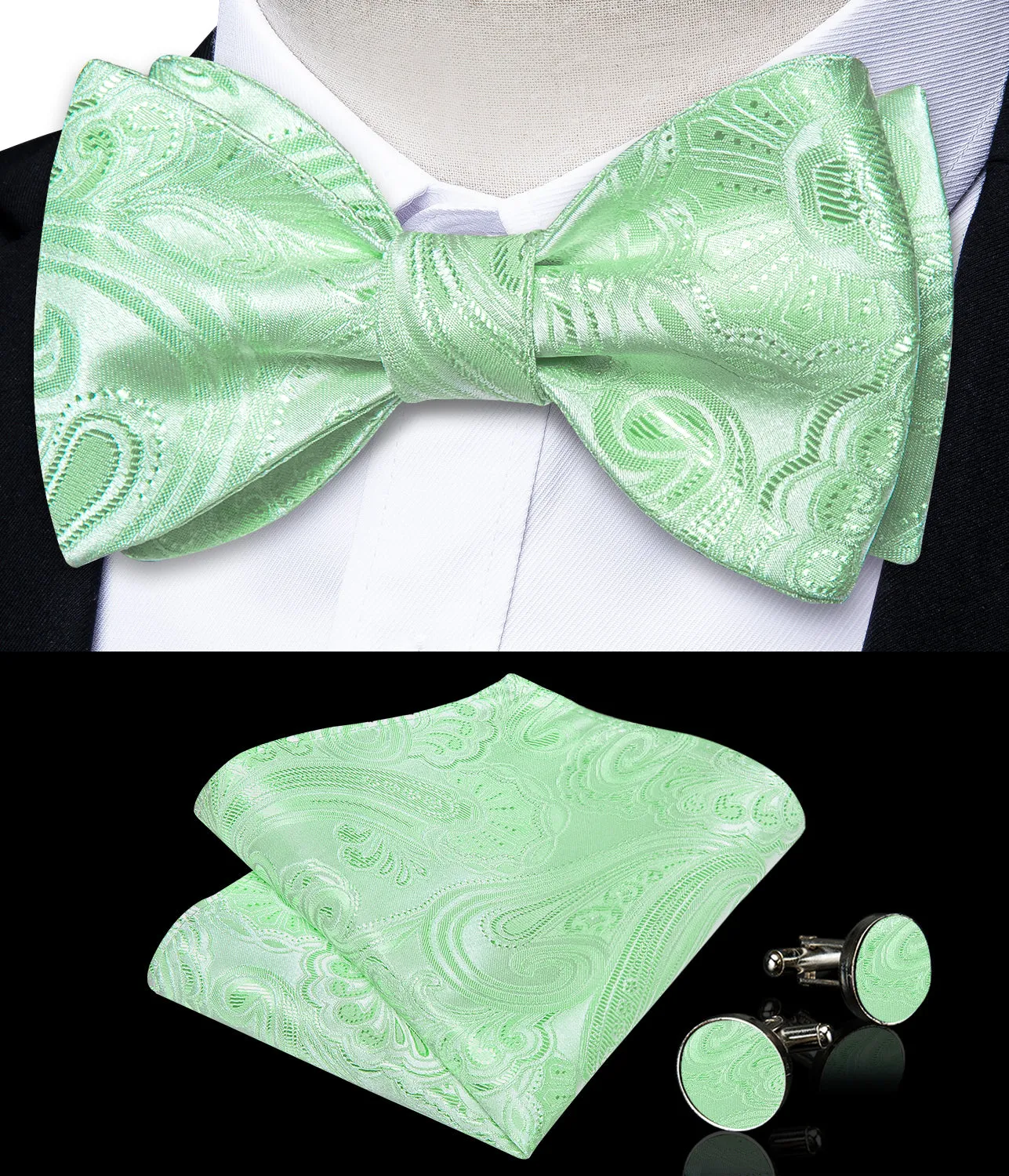 Tender Green Floral Self-Bowtie Pocket Square Cufflinks Set