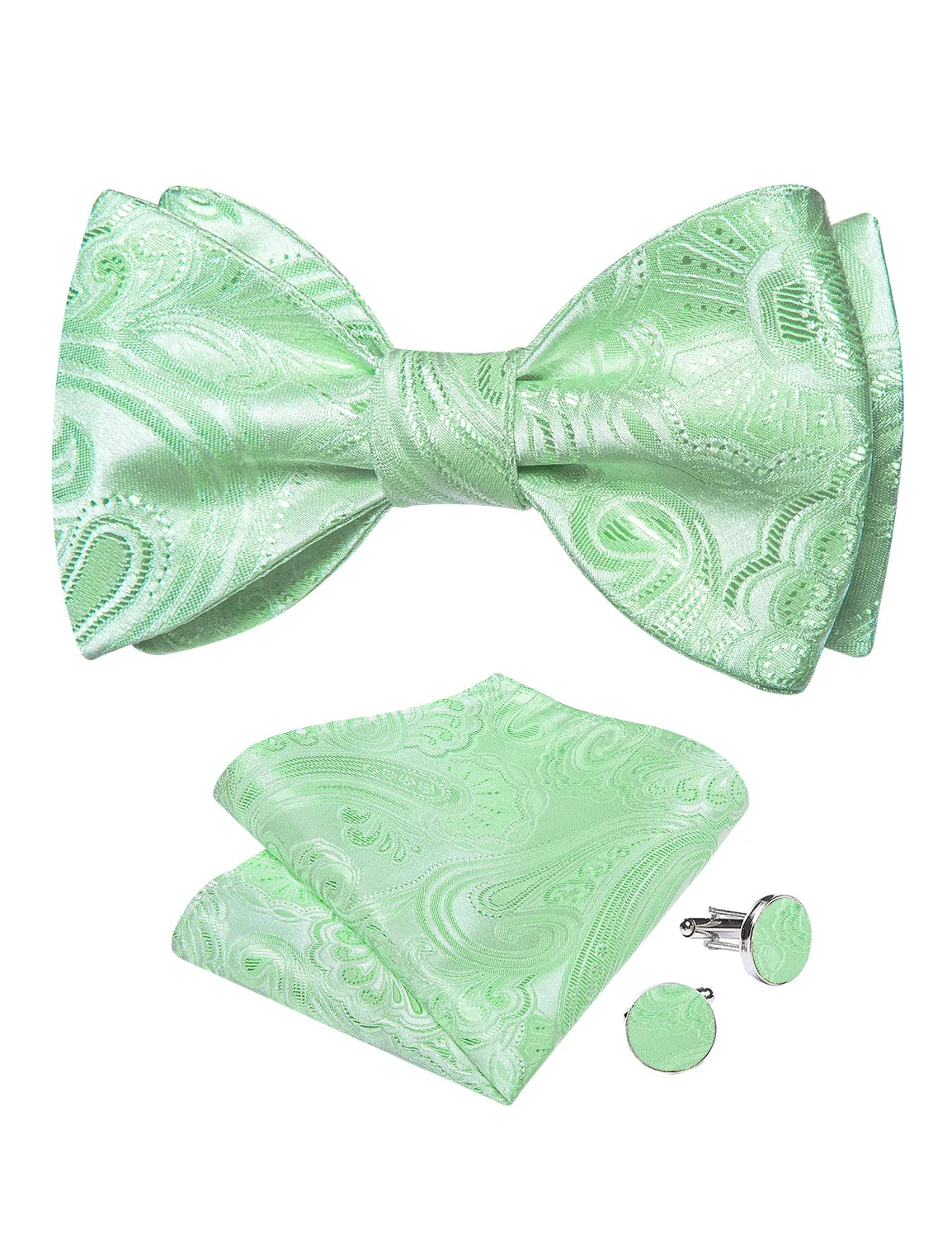 Tender Green Floral Self-Bowtie Pocket Square Cufflinks Set