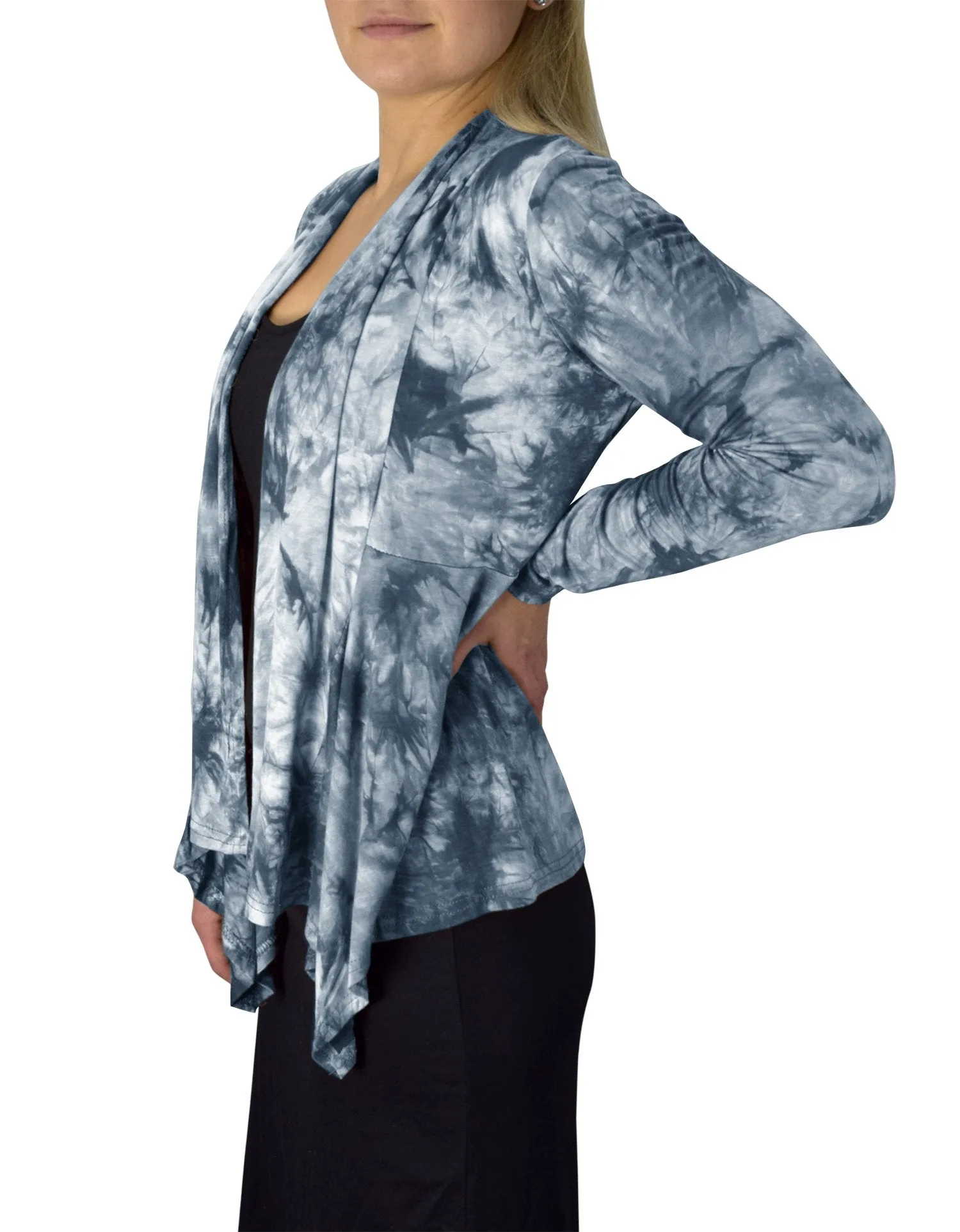 Tie Dyed Cascading Drape Asymmetric Hem Open Front Cardigan Top