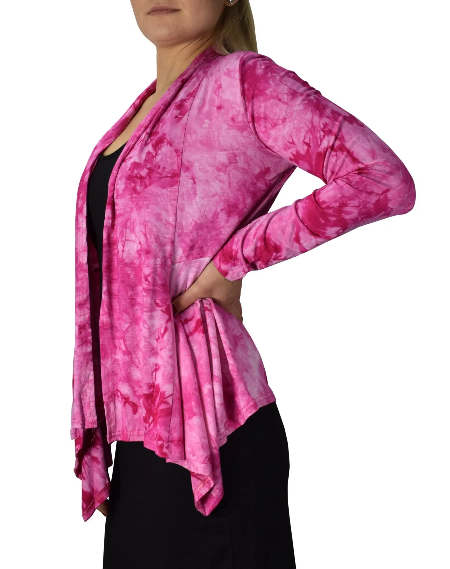 Tie Dyed Cascading Drape Asymmetric Hem Open Front Cardigan Top