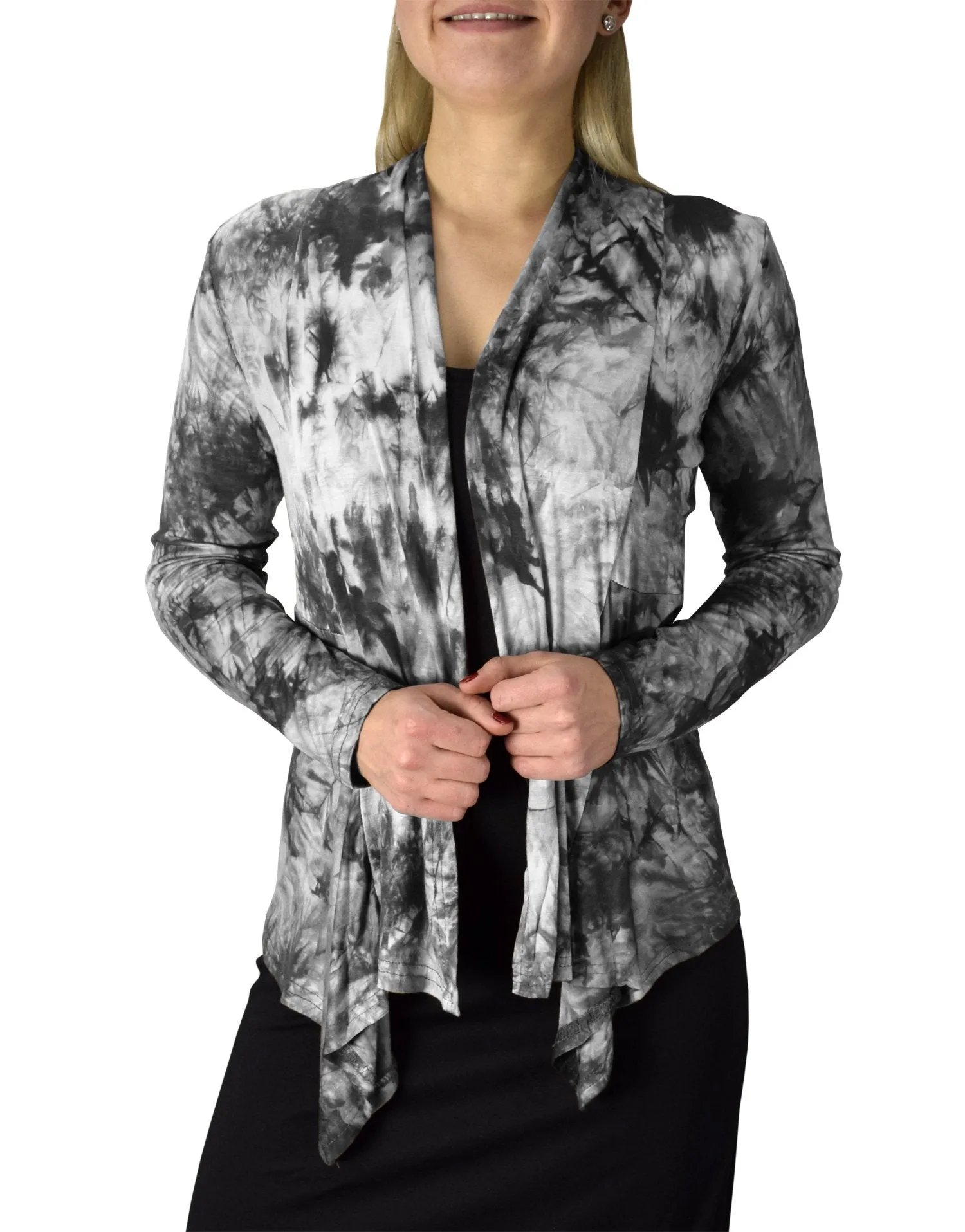 Tie Dyed Cascading Drape Asymmetric Hem Open Front Cardigan Top