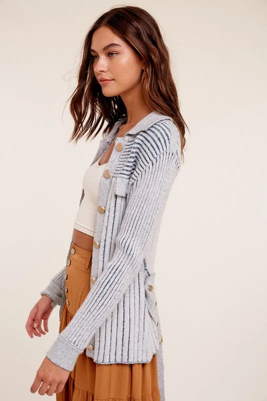 Two Tone Ribbed Belt Cardigan Sweater