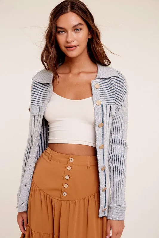 Two Tone Ribbed Belt Cardigan Sweater