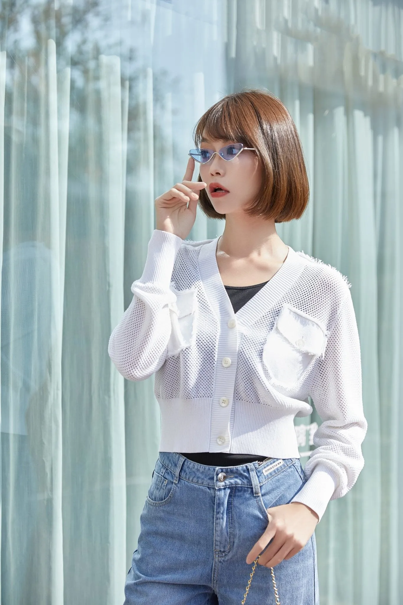 White Knitted Hollow Crop Cardigans