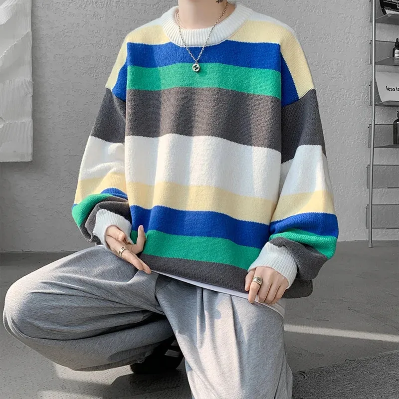 WIAOFELLAS  -  Winter Sweater Men Warm Casual Round Neck Knit Pullover Men Oversized Korean Loose Striped Sweater Mens Jumper Clothes M-3XL