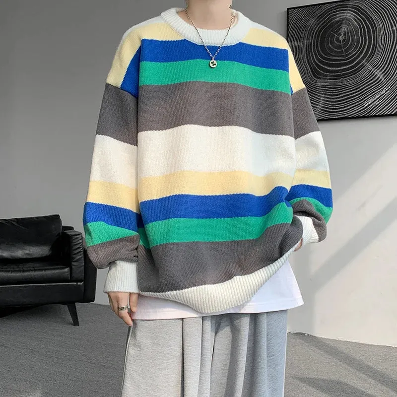 WIAOFELLAS  -  Winter Sweater Men Warm Casual Round Neck Knit Pullover Men Oversized Korean Loose Striped Sweater Mens Jumper Clothes M-3XL