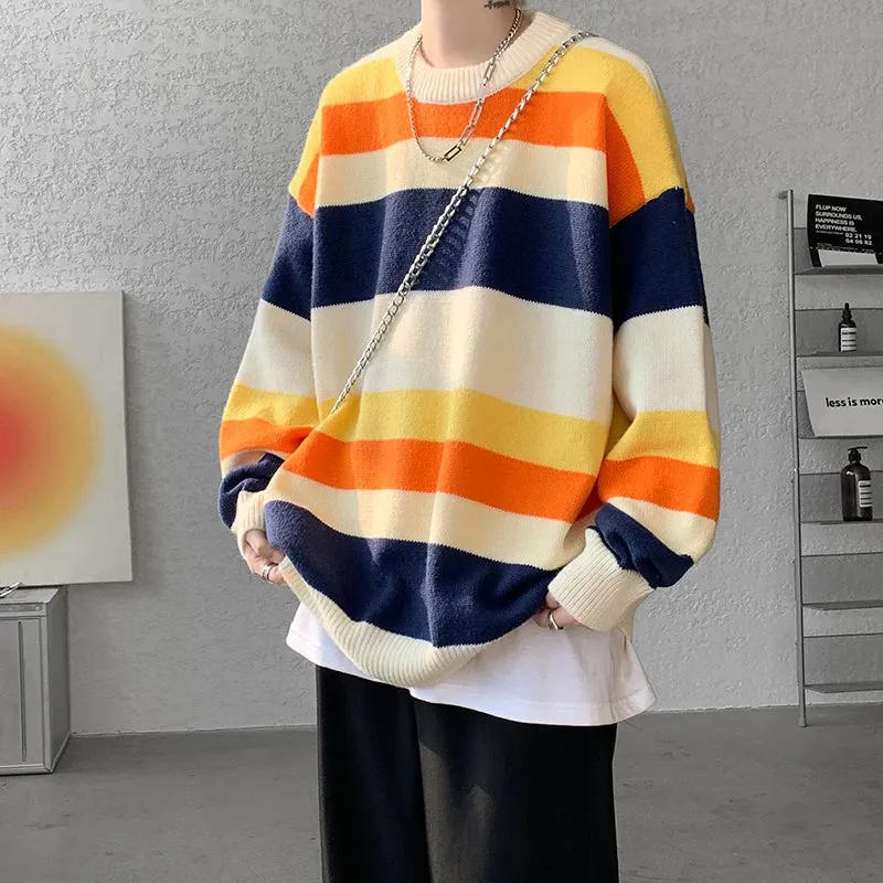 WIAOFELLAS  -  Winter Sweater Men Warm Casual Round Neck Knit Pullover Men Oversized Korean Loose Striped Sweater Mens Jumper Clothes M-3XL