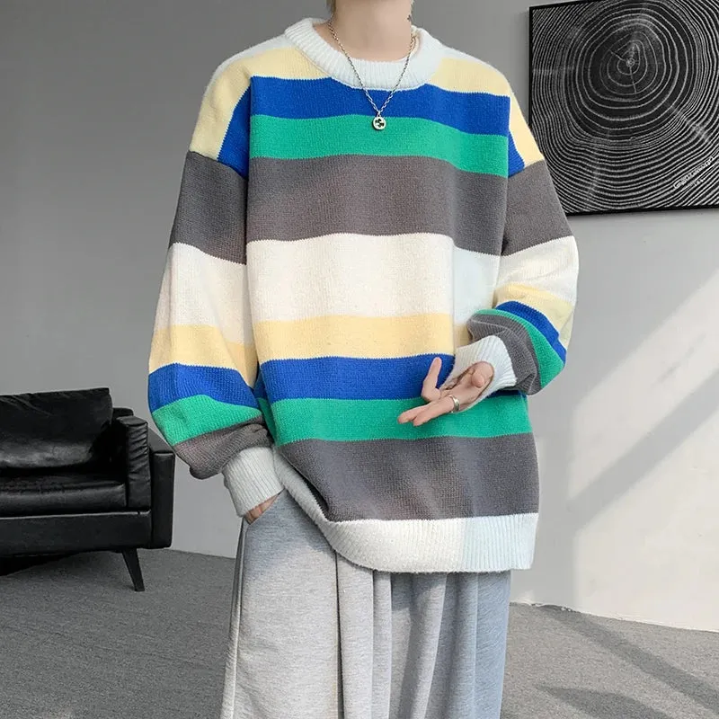 WIAOFELLAS  -  Winter Sweater Men Warm Casual Round Neck Knit Pullover Men Oversized Korean Loose Striped Sweater Mens Jumper Clothes M-3XL