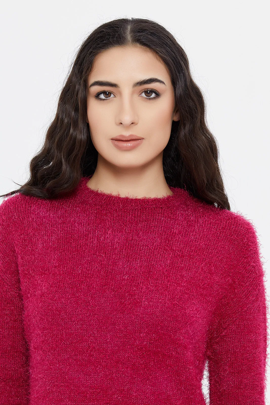 Women Fuchsia Fluffy Pullover