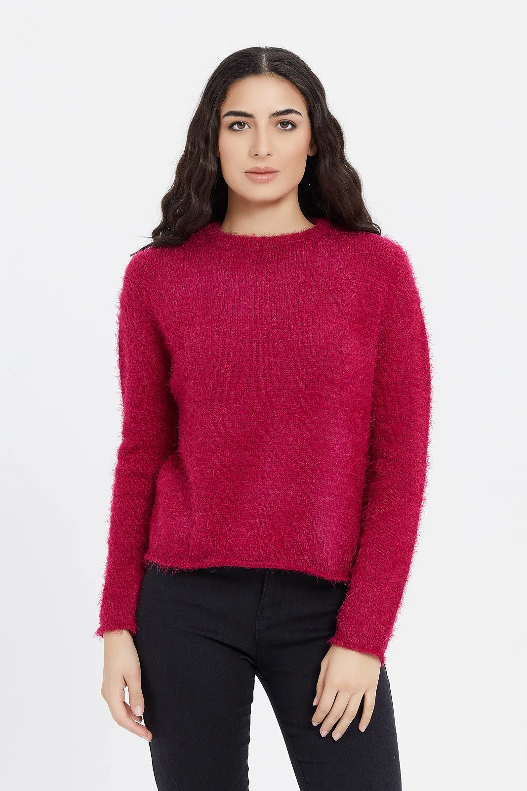 Women Fuchsia Fluffy Pullover