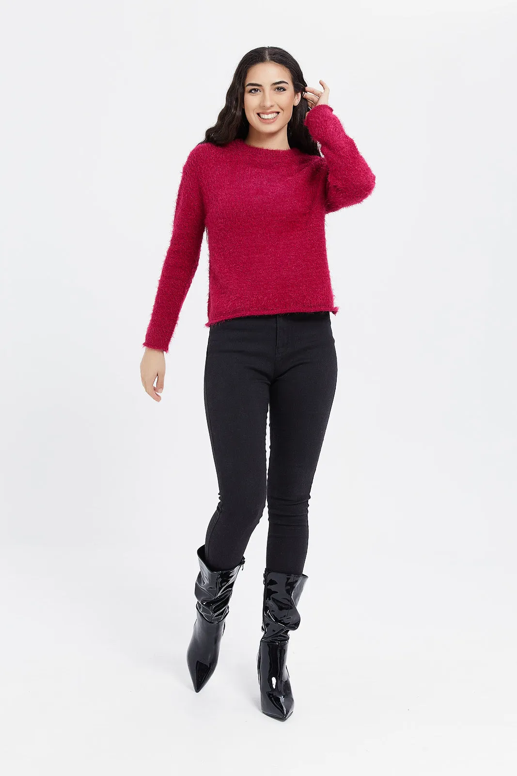 Women Fuchsia Fluffy Pullover