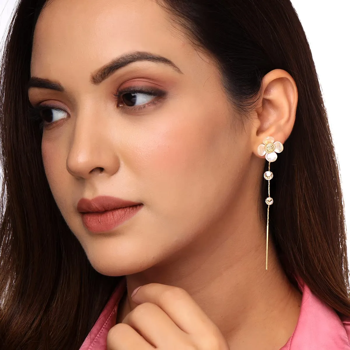 Yellow Chimes Earrings For Women Gold Tone White Color Floral Stud Linear Chain Back Drop With Crystal Studded Dangler Earrings For Women and Girls