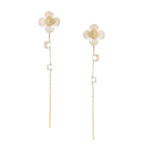 Yellow Chimes Earrings For Women Gold Tone White Color Floral Stud Linear Chain Back Drop With Crystal Studded Dangler Earrings For Women and Girls