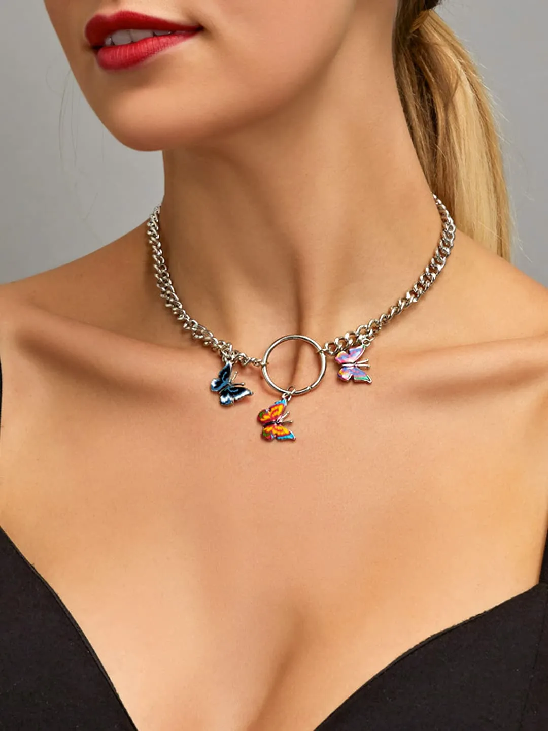 Yellow Chimes Necklace For Women Silver Tone Linked Chain With Multicolor Three Butterfly Charm Hanging Necklace For Women and Girls