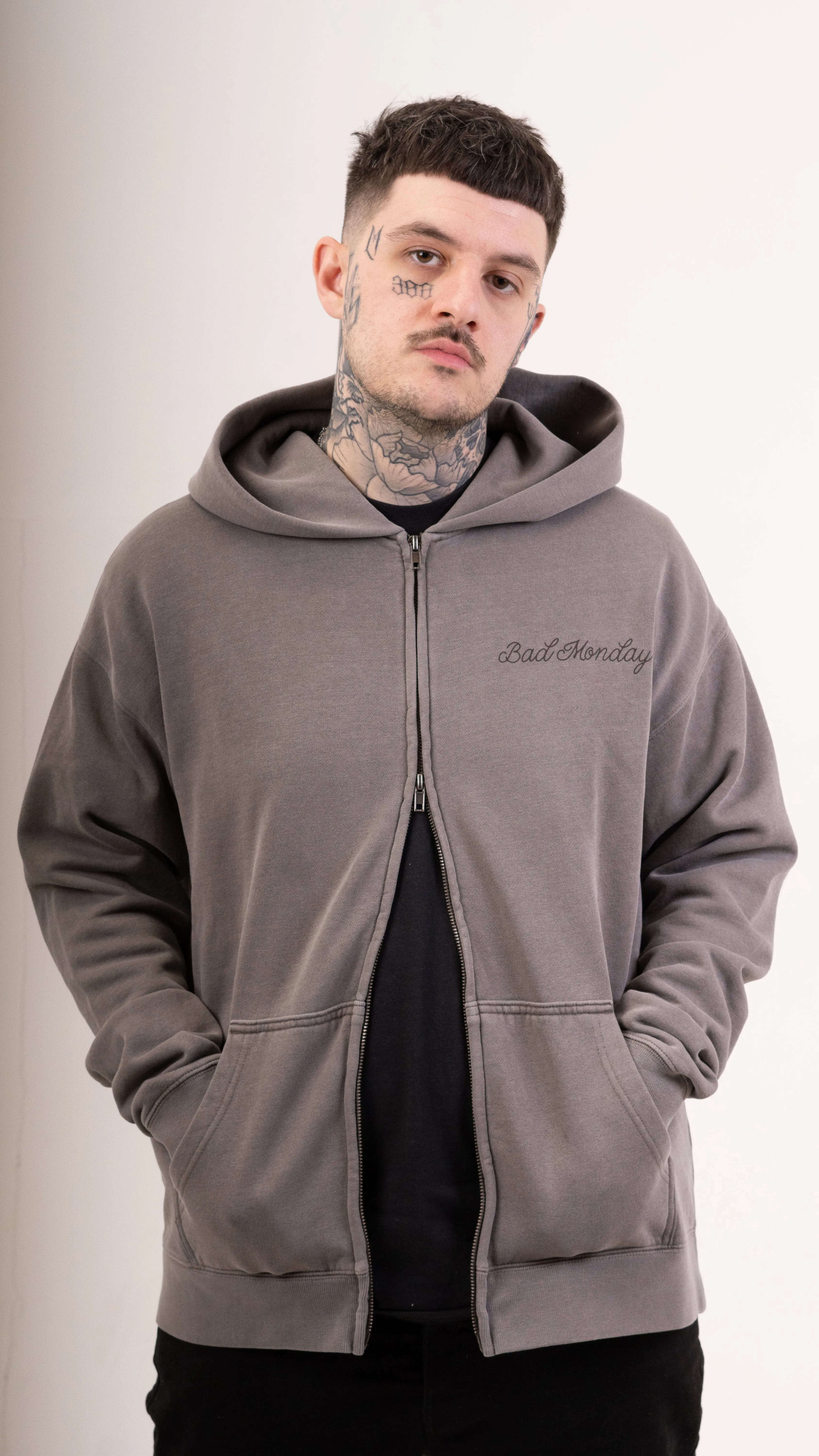 Zip Faded Death Moth Hoodie - Grey