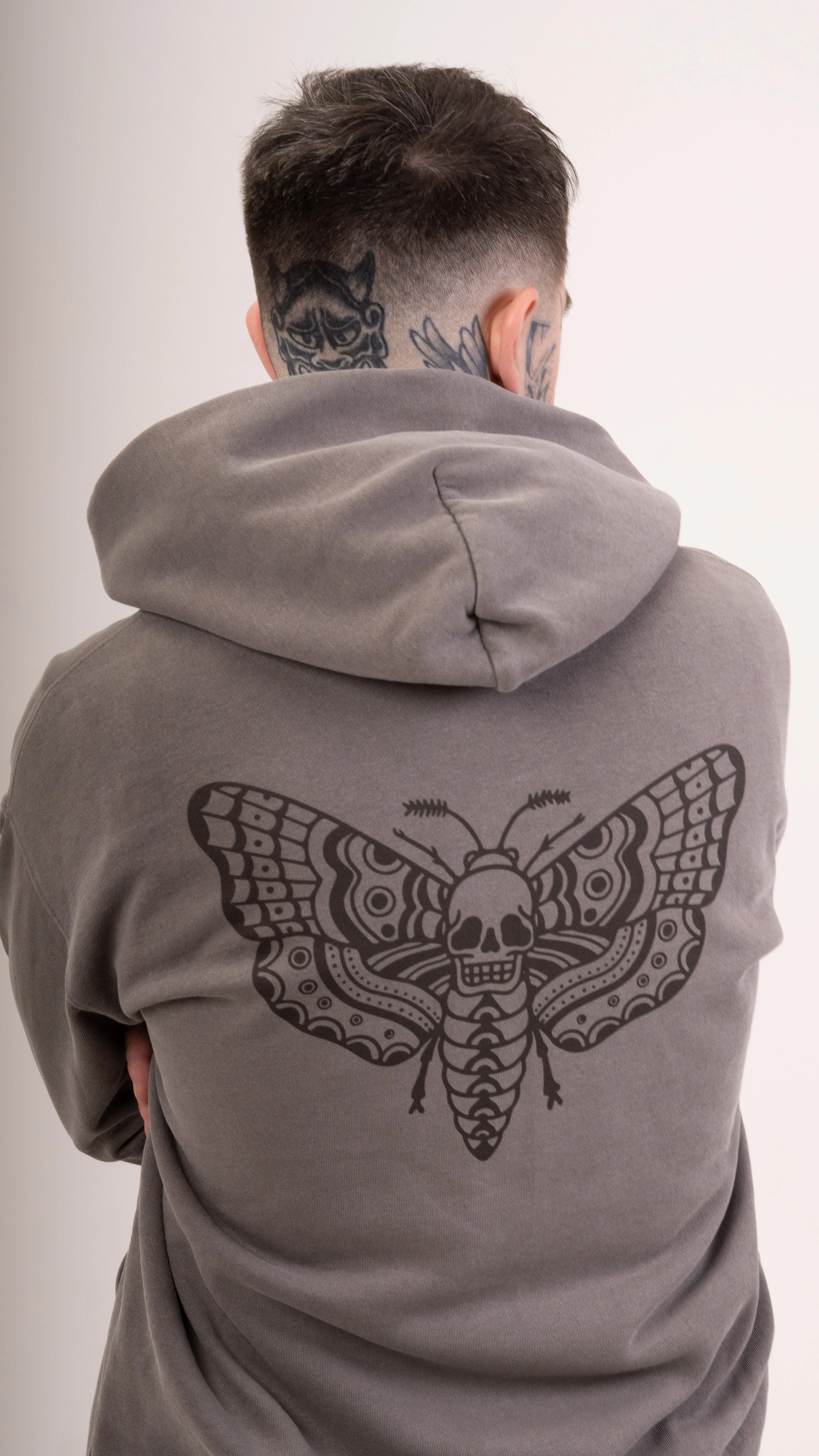 Zip Faded Death Moth Hoodie - Grey