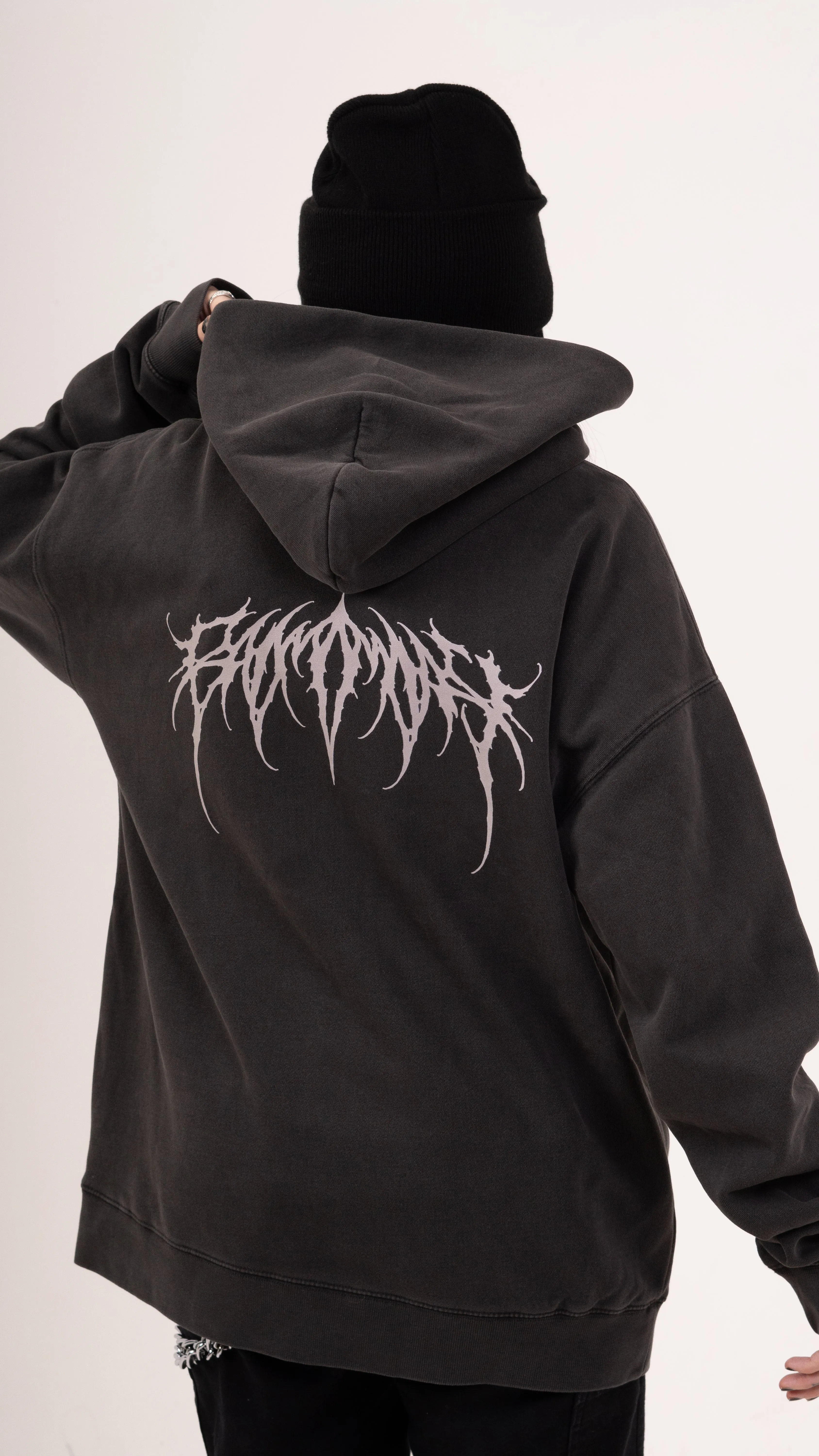 Zip Faded Metal Logo Hoodie - Black