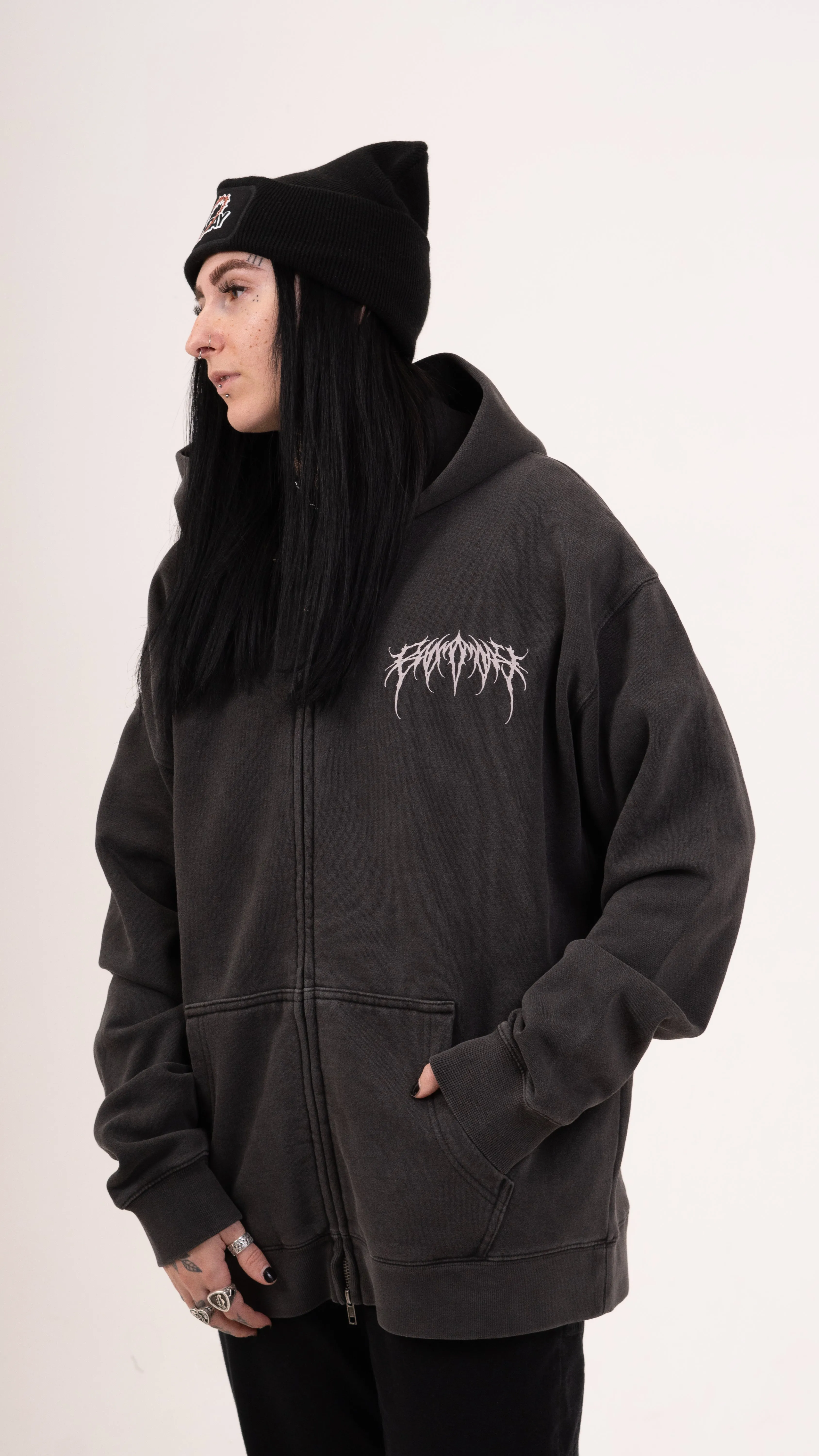 Zip Faded Metal Logo Hoodie - Black