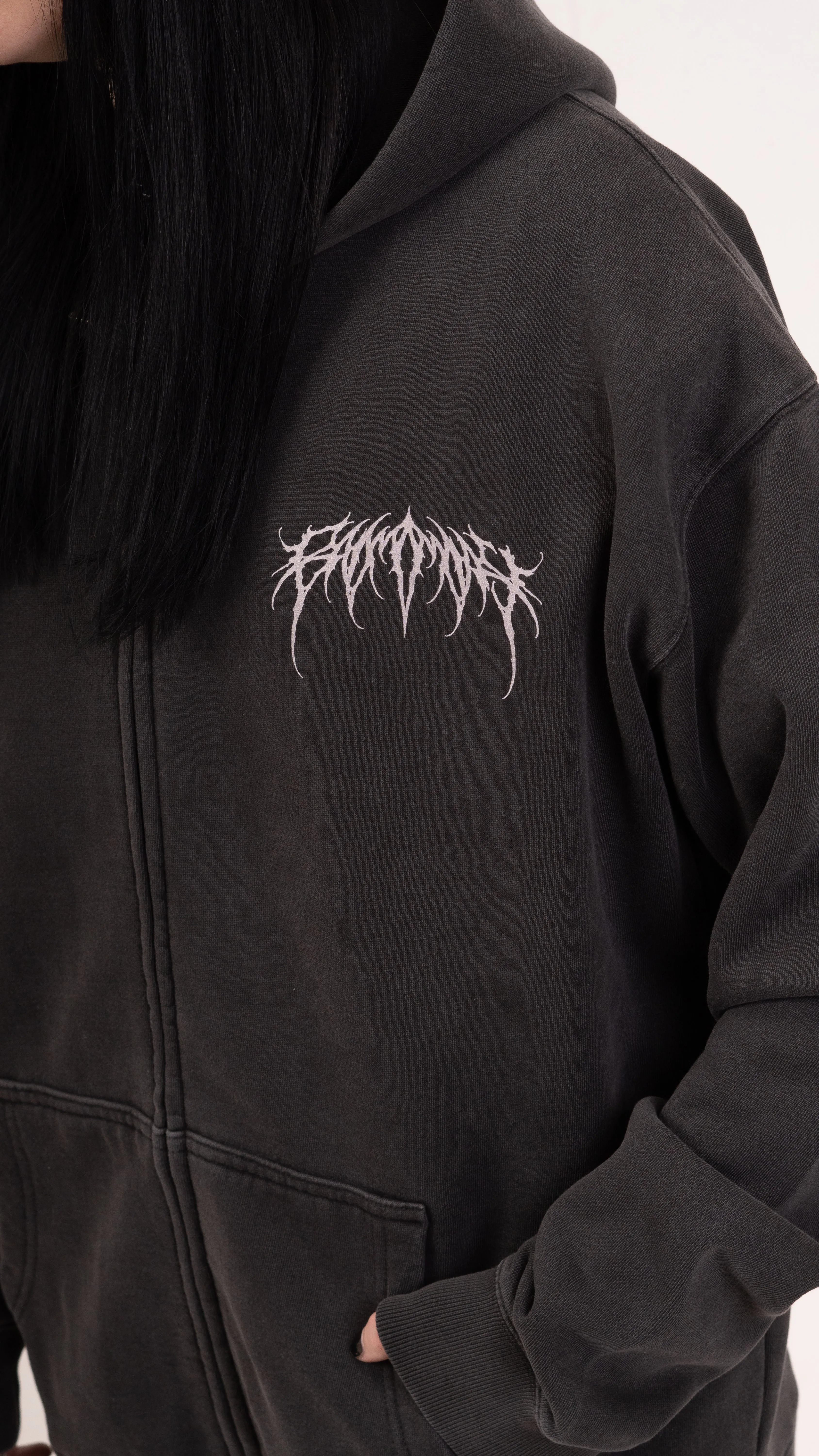 Zip Faded Metal Logo Hoodie - Black